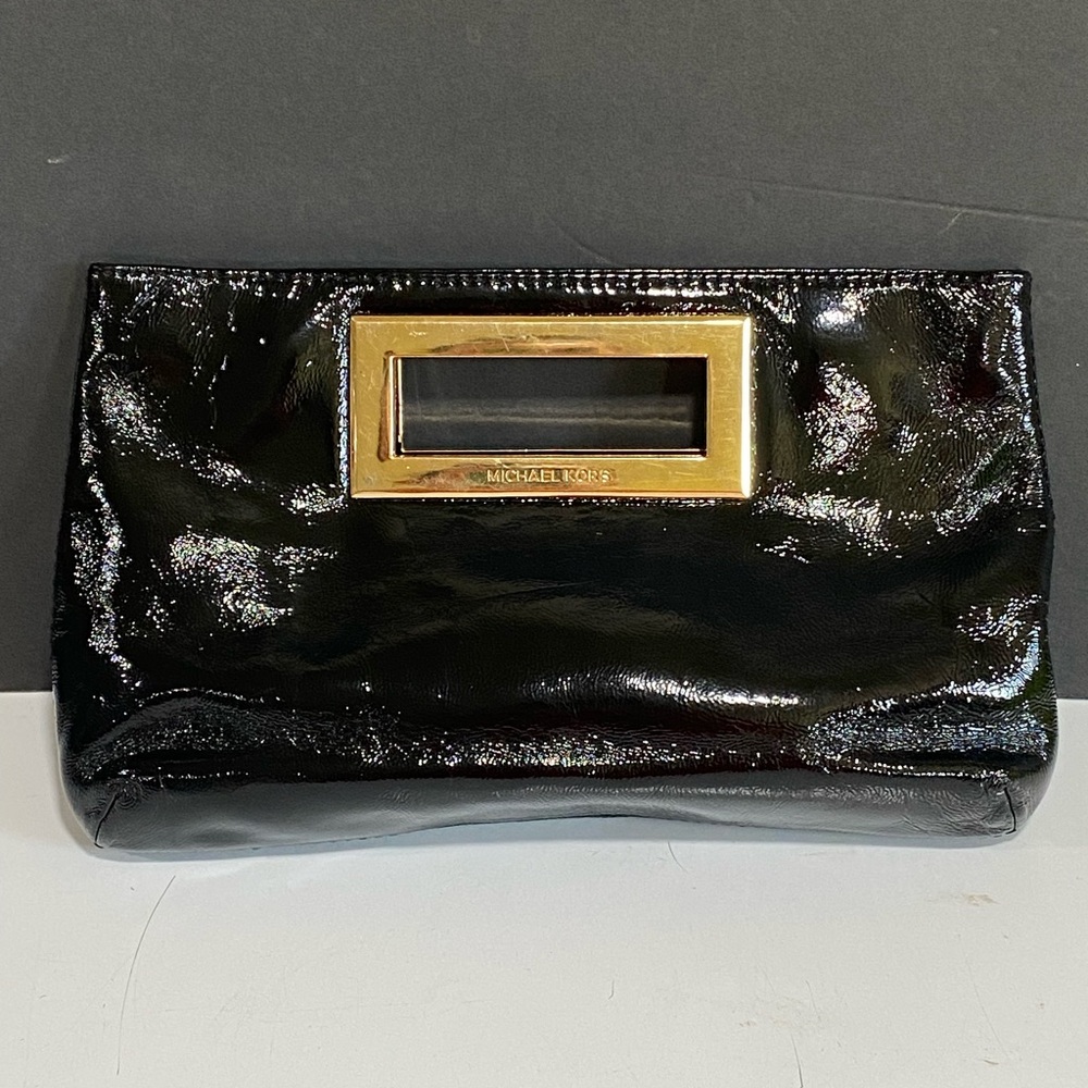 Michael Kors Black Patent Shiny Leather Berkley Clutch Purse Gold Accent Handles